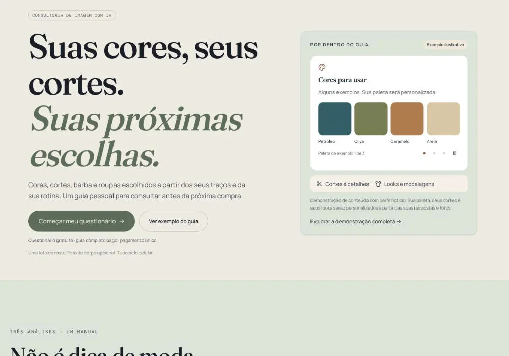 Página inicial da Estilia: suas cores, seus cortes, suas próximas escolhas, com uma paleta de exemplo na tela.