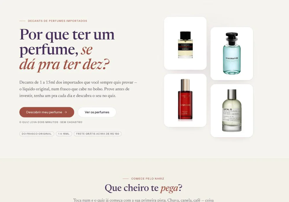 Página inicial da Petalia: por que ter um perfume se dá pra ter dez, com quatro frascos de perfumes importados.