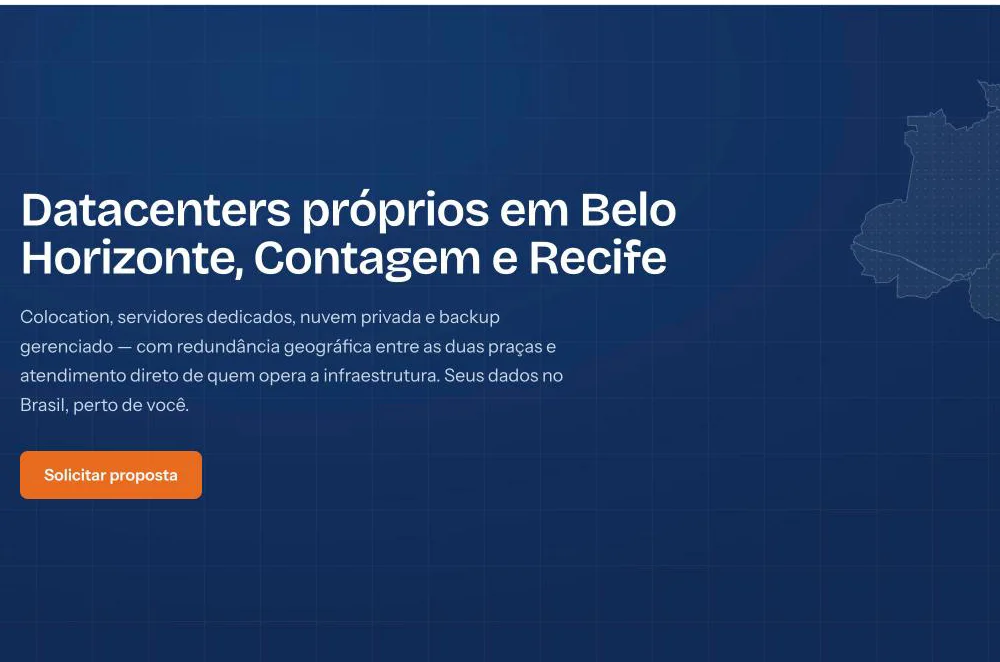 Página inicial da Saiph TI: datacenters próprios em Belo Horizonte, Contagem e Recife, com mapa do Brasil e as praças marcadas.